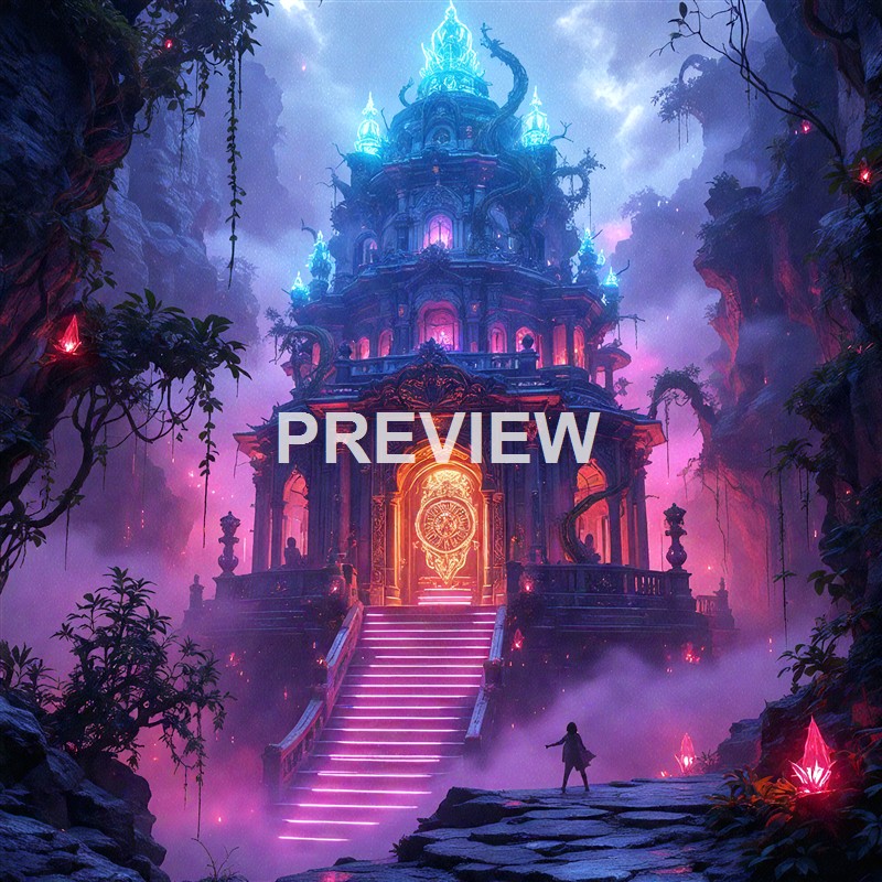 A mystical, glowing palace with intricate architecture and vibrant neon lighting, surrounded by fog and lush jungle, with a person standing at the bottom of the stairs.